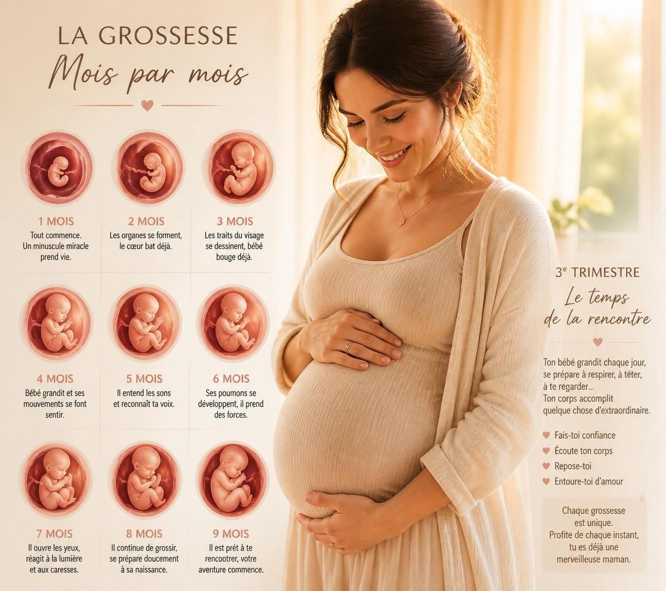 découvrez les changements physiques et émotionnels à attendre mois après mois durant le trimestre de grossesse pour mieux vivre cette étape unique.