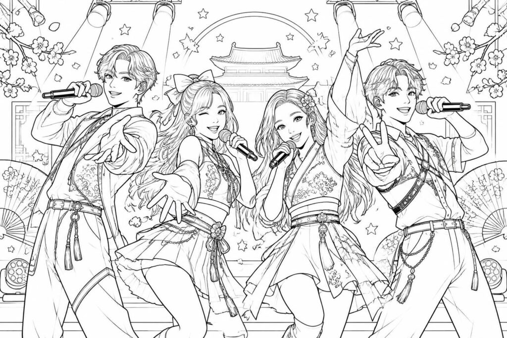 téléchargez et imprimez des dessins k-pop à colorier : portraits, idols et motifs inspirés de la culture coréenne pour tous les fans.