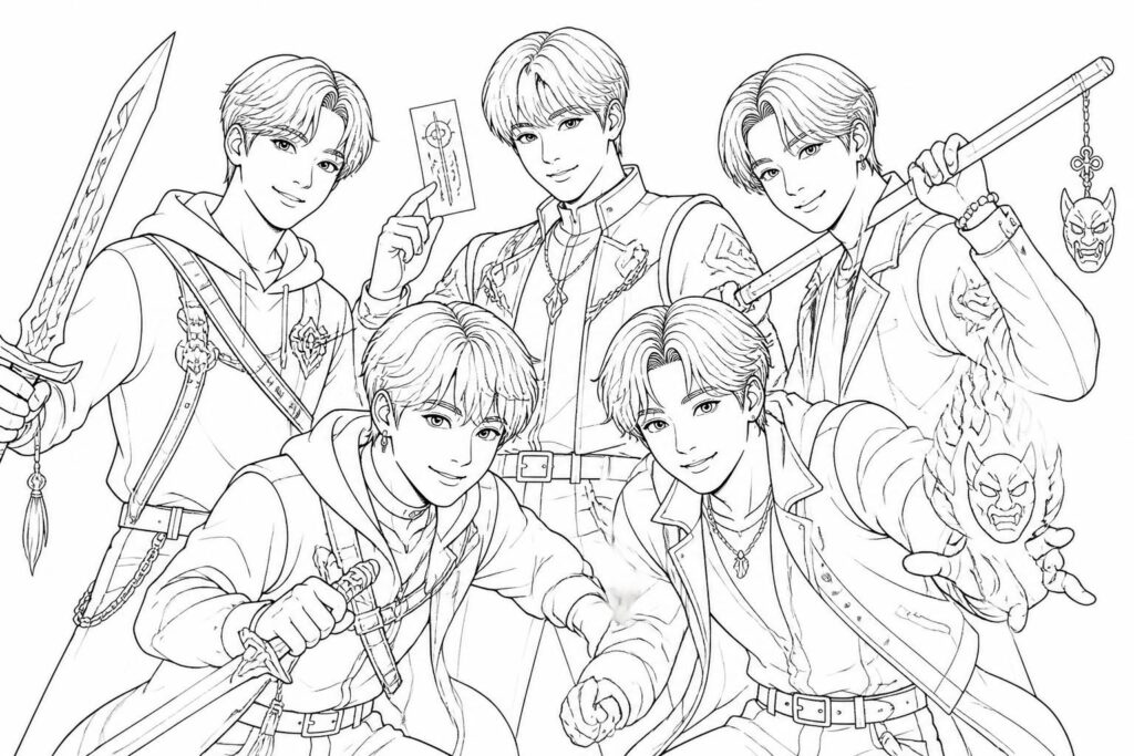 téléchargez et imprimez des dessins k-pop demon hunters à colorier, parfaits pour les petits fans qui adorent allier créativité et passion musicale.