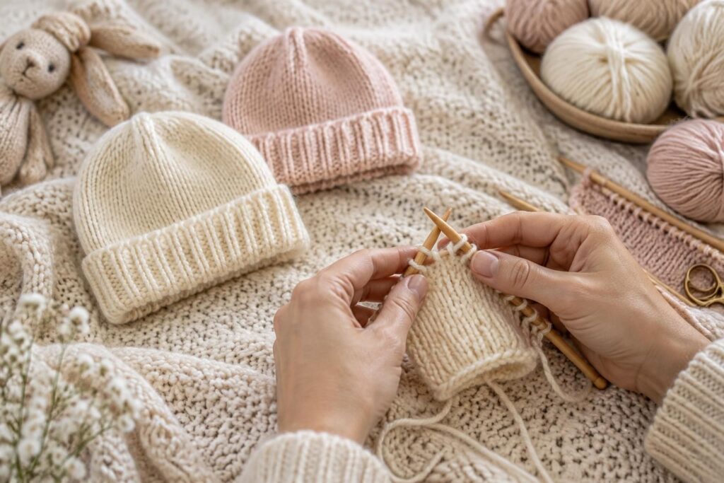 découvrez des modèles faciles de bonnets tricotés pour nouveau-né et des tutoriels gratuits pour apprendre à tricoter pas à pas, même en débutant.