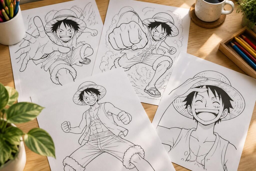 découvrez des coloriages de luffy à imprimer : des dessins du héros de one piece en pleine action, prêts à colorier pour les fans de tous âges.